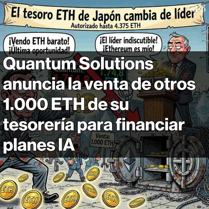 A Spanish-language cryptocurrency illustration titled "El tesoro ETH de Japón cambia de líder" with text overlay announcing "Quantum Solutions anuncia la venta de otros 1.000 ETH de su tesorería para financiar planes IA," showing cartoon characters and Ethereum coins.