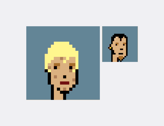 Two pixel art portraits on blue backgrounds, with a larger depiction of a blonde person on the left and a smaller, darker-haired figure shown in profile on the right.