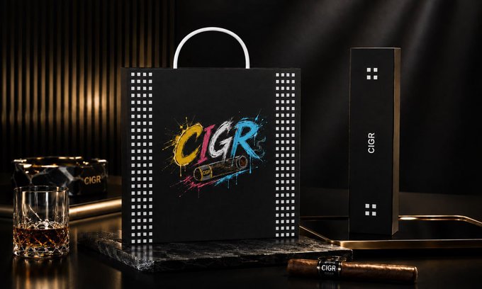 A sleek black "CIGR" shopping bag with colorful paint-splatter branding sits alongside a matching cigar box, a glass of whiskey, and a cigar—visually showcasing the Cohiba cigar giveaway prize package (containing a cigar, lighter, and scissors) being offered to followers.