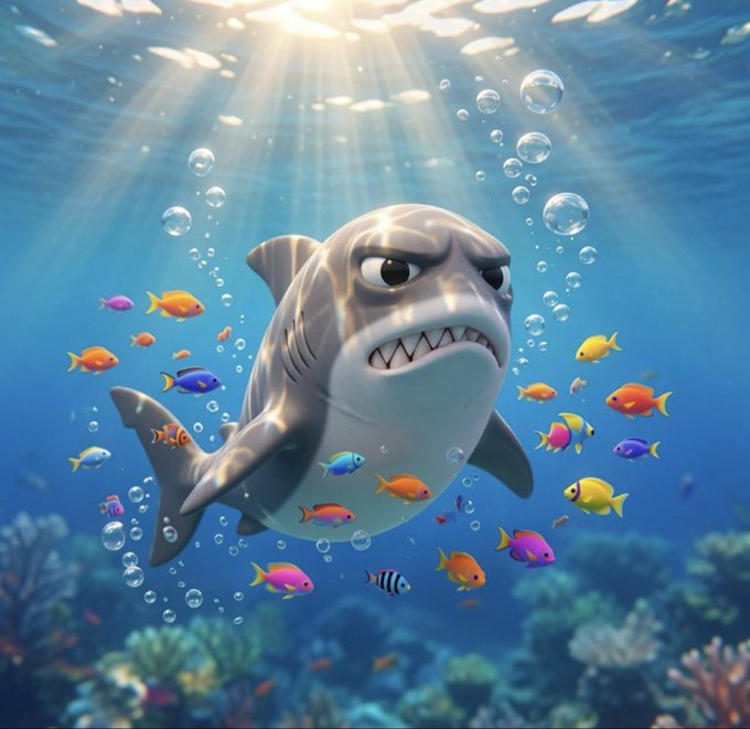 A cartoon shark with an angry, determined expression swims through sunlit blue waters surrounded by colorful small fish and bubbles. The fierce shark embodies the post's "crush the day" energy, charging into Friday like a predator ready to dominate the waters before reaching the weekend.