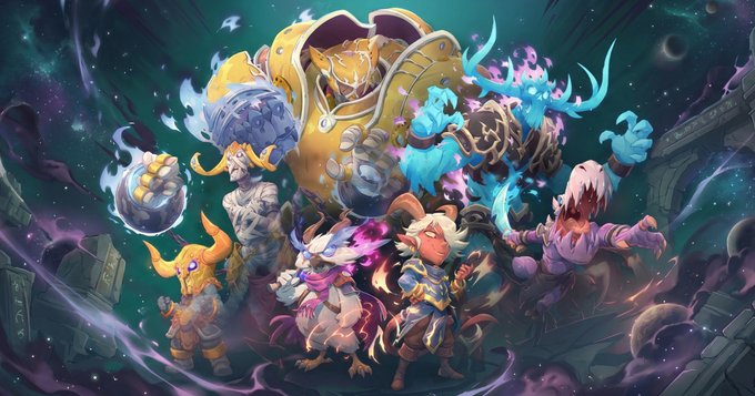 A vibrant fantasy illustration showcases an ensemble of colorful characters—including a large armored figure, mystical warriors, and otherworldly creatures—set against a cosmic backdrop, capturing the strategic team-based gameplay of the onchain tactical grid game "Heroes of Hekanos."
