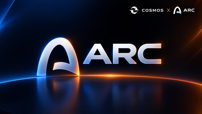 A stylized "ARC" logo with the Cosmos branding in the top right ("COSMOS × ARC") is displayed on a dark background with blue and orange lighting, promoting the Cosmos and Arc network collaboration. The image aligns with the post about pre-bridging into Arc before its mainnet launch, visually highlighting the partnership between Cosmos and Arc.