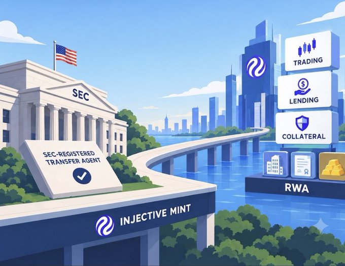 An infographic illustration features an SEC building with an American flag, alongside a road labeled 'INJECTIVE MINT' leading to a cityscape with blocks labeled 'TRADING', 'LENDING', 'COLLATERAL', and 'RWA'.