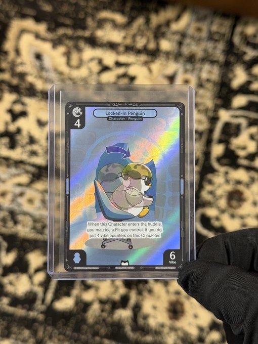 A holographic trading card titled 'Locked-In Penguin' featuring a penguin character with sunglasses, held by a gloved hand over a patterned rug.