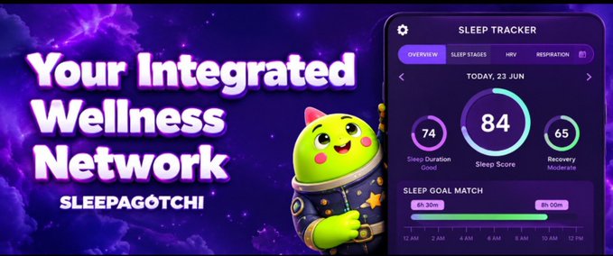 A promotional image for 'Sleepagotchi' displaying a cartoon character and a sleep tracker app interface showing an 84 sleep score.