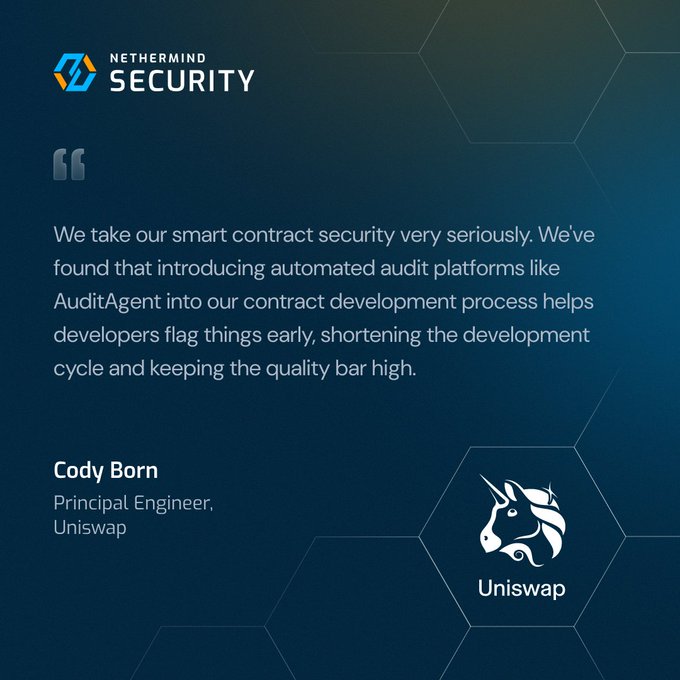 The image features a blue background with white text that reads "Uniswap ran a free AuditAgent scan, an AgentArena competition on UniswapX, and adopted the AuditAgent Business Plan in three months". The text also mentions that the developer of the project is @Uniswap.