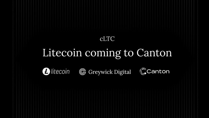 A promotional graphic with a black background announces "cLTC: Litecoin coming to Canton," featuring the logos of Litecoin, Greywick Digital, and Canton Network positioned beneath the headline, aligning with the post's announcement of Litecoin's integration onto the Canton Network via Greywick Digital.