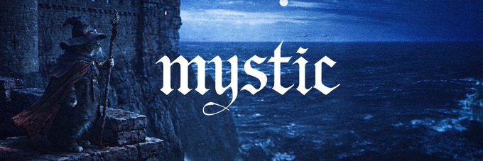 The banner features a wizard in a pointed hat and dark cloak holding a staff while standing atop a stone tower overlooking a moonlit ocean, with the word "mystic" displayed in an ornate white gothic font across the center, fittingly evoking the mystical theme of the $MYSTIC token.