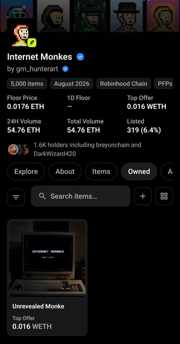 A screenshot of an OpenSea NFT collection page for 'Internet Monkes by gm_hunterart' on Robinhood Chain, showing 5,000 items with a floor price of 0.0176 ETH, 54.76 ETH 24H volume, and 1.6K holders.