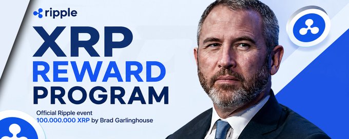 Promotional banner for the "XRP REWARD PROGRAM," featuring the Ripple logo and a portrait of CEO Brad Garlinghouse, advertising an official event giving away 100,000,000 XRP to community members. The graphic reinforces the post's message about a one-time exclusive giveaway with a link to the official rewards website.