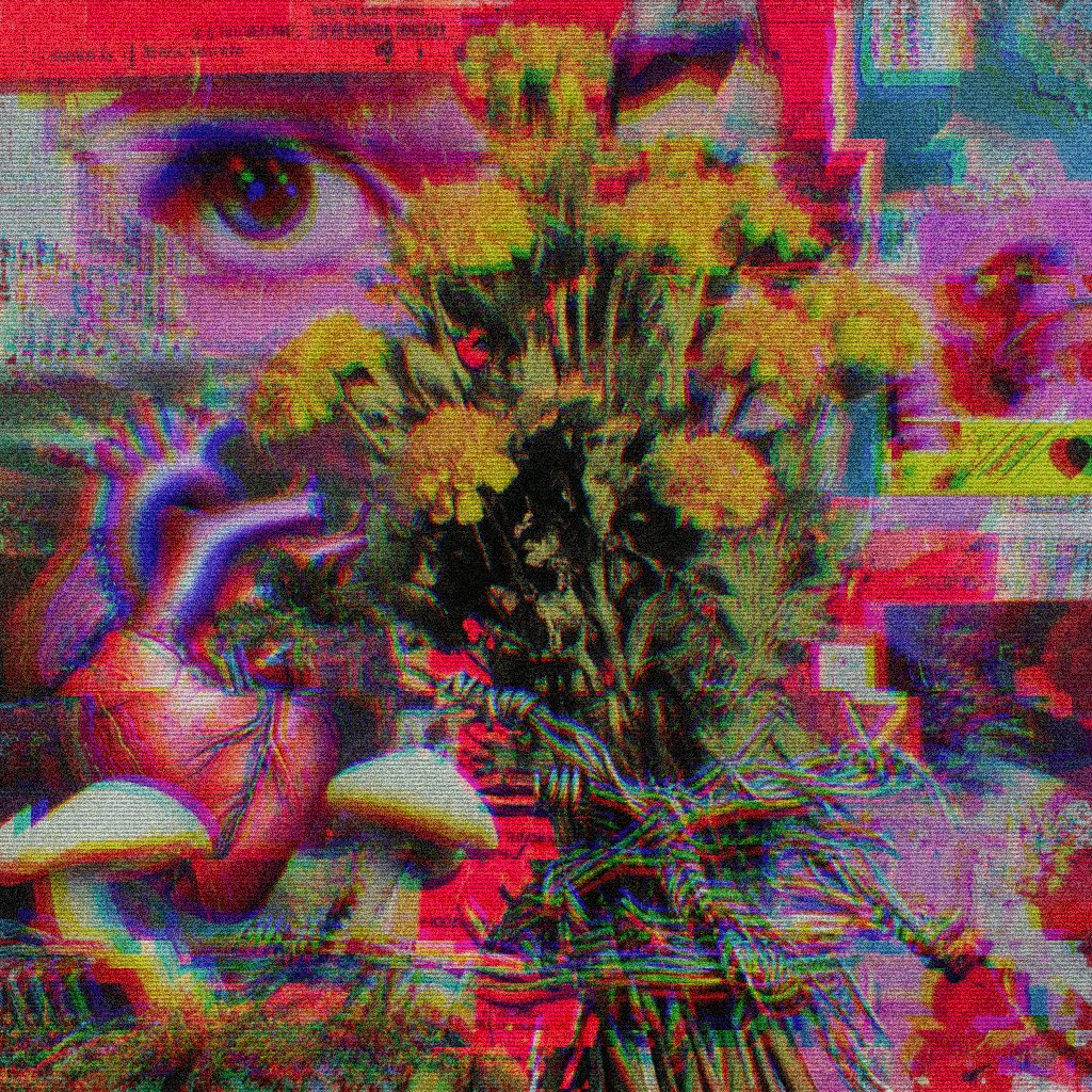 The image features a collage of various elements, including a close-up view of an eye with a flowery background, a vase filled with flowers, and a mushroom. The image also includes text that reads "LEAKS II" and "SOLDOUT". This suggests that the photo might be related to a leak or a leak investigation, possibly involving a person's eye or a flower arrangement.