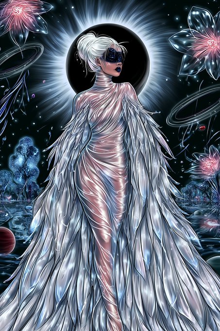 A digital illustration of a woman in a flowing, silvery feathered gown standing before a black sun with glowing rays, surrounded by surreal alien flowers in a cosmic setting.