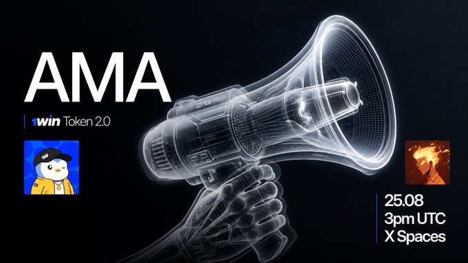 A wireframe 3D megaphone illustration promotes the "AMA | 1win Token 2.0" event scheduled for 25.08 at 3 PM UTC on X Spaces, featuring cartoon avatars of the hosts EvoOnChain (HOC) and vyyker to visually represent the upcoming live discussion with the team.