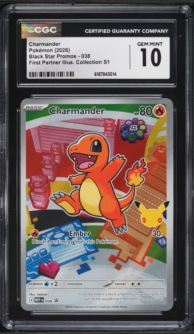 A CGC GEM MINT 10 graded Charmander Pokémon card (#038) from the 2026 Black Star Promos, First Partner Illus. Collection S1, featuring the fire Pokémon in a retro arcade setting.