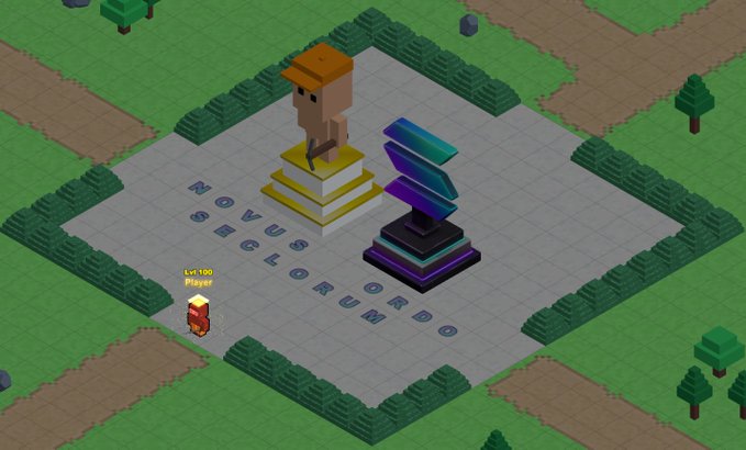 A voxel-style isometric game scene showing a central stone platform with the text "NOVUS SECLORUNDO", featuring a character statue, a dark crystalline monument, and a small player character labeled "Lv 100 Player".