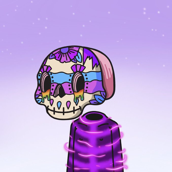 A digital illustration of a decorated sugar skull with colorful floral patterns and rainbow tears, sitting atop a purple figure with glowing pink energy lines against a starry purple background.