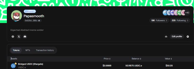 A web3 profile page for the user 'Papasmooth' (0xE25d...286e), showing they are a 'Diamond 1' tier with 190 followers and 200 following. Their bio reads 'Gigachad Abstract meme soldier' and they hold a small balance of Bridged USDC (Stargate).