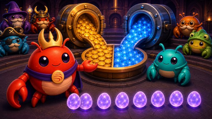 A colorful cartoon scene featuring cute crab and turtle characters around treasure chests filled with gold coins and glowing blue orbs, with purple egg-like tokens lined up at the bottom.