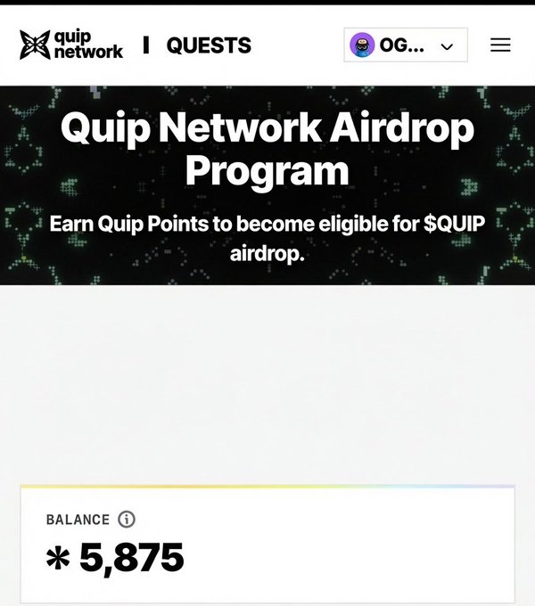 The post shows a screenshot from a website called Quip Network Airdrop Program. It displays information about the program, including details such as how to enroll and how to earn points for participating. The user has completed 1 out of 5,875 tasks required to receive their first reward. This suggests that they have been actively engaging with the program and completing its challenges or activities in order to be part of a potential prize.