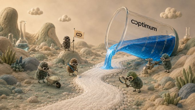 A whimsical desert landscape features tiny, fuzzy creatures wearing goggles, with one holding a flag bearing the "Optimism" logo, gathered around a giant beaker pouring bright blue liquid labeled "Optimism" into a winding stream. The scene symbolizes the flow of innovation from research into real-world networks, visually echoing the post's excitement about @get_optimum mump2p progressing toward Ethereum mainnet and the promising Hoodi testnet.