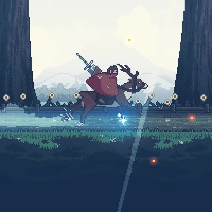 A pixel art scene showing a character riding a dark horse through water with a sword raised, set against a backdrop of mountains and a pale sky with small glowing orbs.