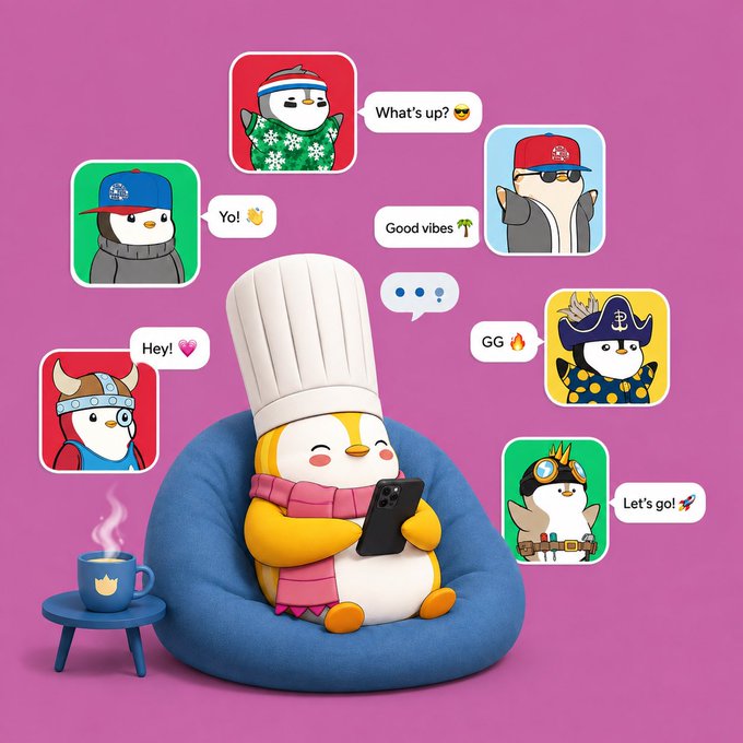 A 3D-rendered penguin character wearing a chef's hat and pink scarf sits in a blue beanbag chair looking at a smartphone, surrounded by colorful chat bubbles featuring other penguin avatars with messages like 'What's up?', 'Yo!', and 'Let's go!'.