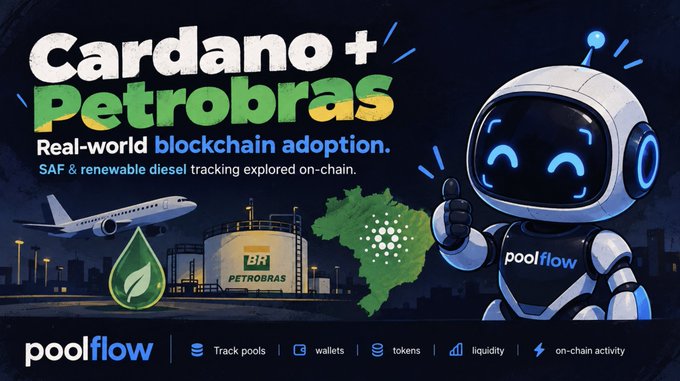 A promotional graphic reads 'Cardano + Petrobras: Real-world blockchain adoption. SAF & renewable diesel tracking explored on-chain,' featuring illustrations of an airplane, fuel tanks, a map of Brazil, and a white robot character branded with 'poolflow'.
