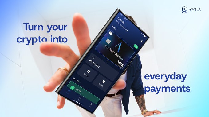 A promotional graphic for AYLA featuring a hand holding a smartphone displaying a crypto app interface with text reading 'Turn your crypto into everyday payments'.