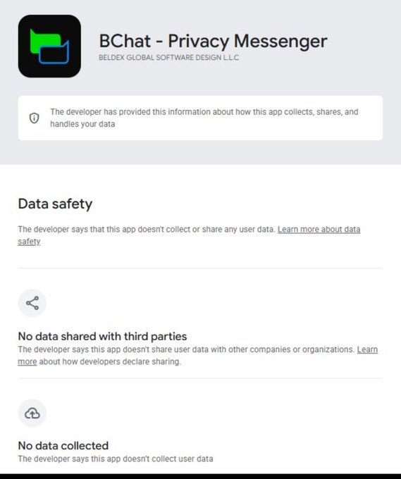A screenshot of the Google Play Store data safety page for 'BChat - Privacy Messenger' by BELDEX GLOBAL SOFTWARE DESIGN L.L.C., indicating that no data is shared with third parties and no data is collected.
