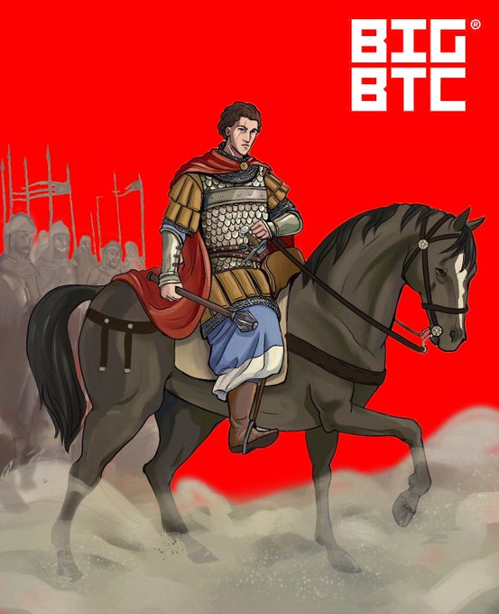An illustration for 'BIG BTC' showing a warrior in golden armor and a red cape riding a dark horse against a solid red background, with an army visible in the dust behind him.