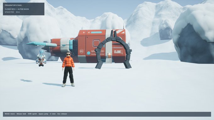 A screenshot from the game 'Progenitor's Pass' (Cloney 0024 / Alpine Basin, Space Pod 89%), showing two avatars standing in a snowy landscape near a red spaceship.