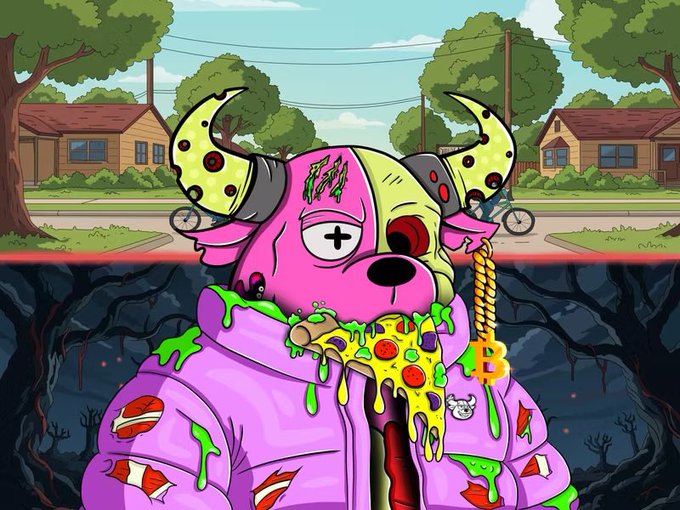 A vibrant cartoon illustration of a pink, zombie-like dog character wearing sunglasses and a pizza-themed necklace, set against a split background of a peaceful suburban street and a dark, spooky forest.