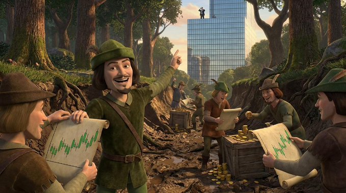 A group of animated Robinhood-esque forest traders excitedly display scrolls of green candlestick charts, with one pointing triumphantly toward a modern skyscraper in the background where a small figure stands atop it.

The image playfully visualizes the post's message: the Robinhood "trenches" (depicted as forest traders studying charts) are early and excited about the platform's potential, while the CEO (the figure atop the skyscraper) watches on — symbolizing that despite public company attention, most users haven't yet engaged with the meme chain opportunity.
