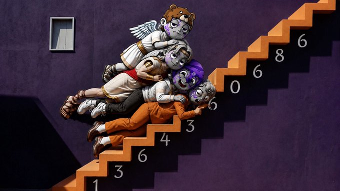 An illustration depicts several cartoon characters in a piggyback chain climbing a staircase that displays Pi's digits (3.14159265358979323846...).