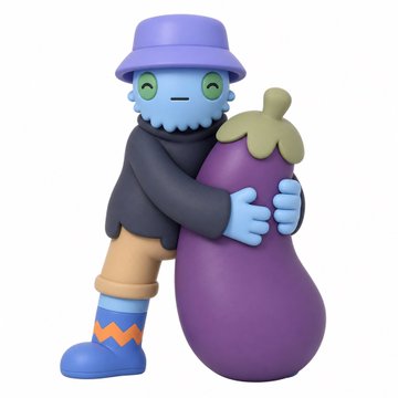 A stylized 3D rendered figurine of a blue character wearing a purple bucket hat and black jacket, hugging a large purple eggplant.