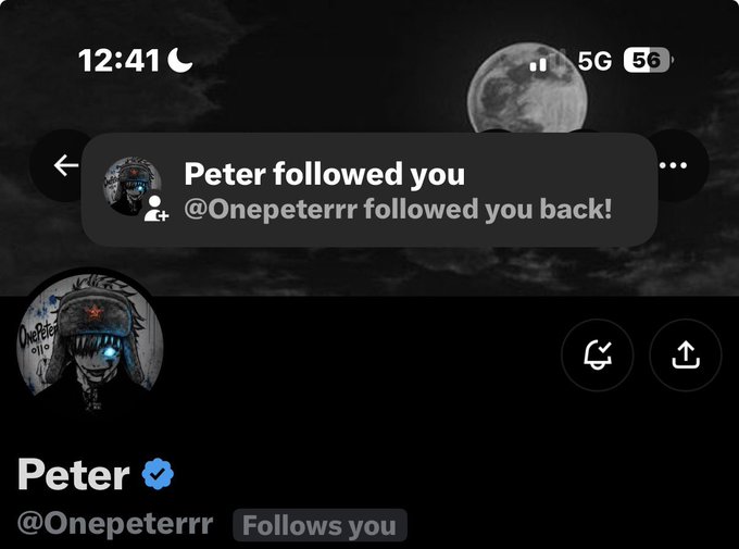A Twitter/X notification shows "Peter followed you @Onepeterrr followed you back!" with Peter's profile displayed below on a moonlit dark background, directly matching the post's excitement about gaining a follow from @Onepeterrr.