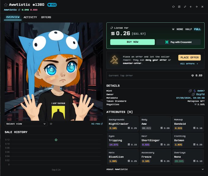 An NFT marketplace listing for 'Awwtistic #1380' priced at approximately 0.26 ETH ($31.57), featuring an anime-style character with orange hair wearing a blue three-eyed cat hat, with attributes like 'Tripping' eyes and 'Batman' clothing.