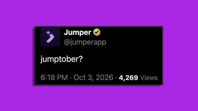 A tweet screenshot from 'Jumper @jumperapp' reading 'jumptober?' posted at 6:18 PM on Oct 3, 2026 with 4,269 views.
