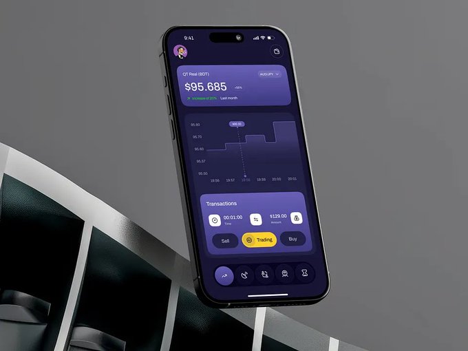 A smartphone displays a cryptocurrency app showing a QT Real (BOT) token value of $95.685 with -10% change, featuring trading options and transaction history.