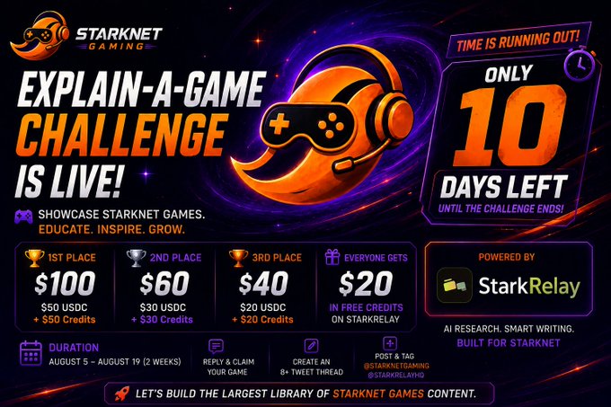 A promotional graphic for the 'STARKNET GAMING EXPLAIN-A-GAME CHALLENGE' offering prizes of $100, $60, $40, and $20 USDC plus credits, with 10 days left, powered by StarkRelay.