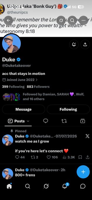 Twitter/X profile screenshot for 'Duke' (@Duketakeover) with 883 followers, joined June 2022, showing a pinned tweet that says 'watch me as i grow' and 'if you're here let's connect ❤️'.