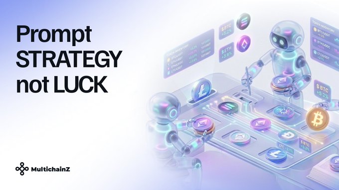 Promotional graphic reading 'Prompt STRATEGY not LUCK' by MultichainZ, featuring an AI robot character with cryptocurrency coins.