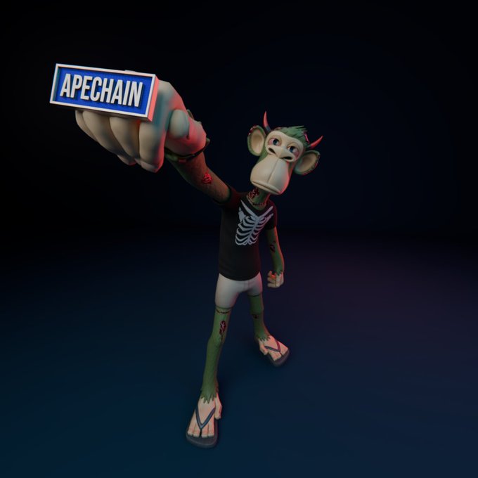 A 3D-rendered green monkey character in a skeleton t-shirt and flip-flops holds up a blue sign reading "APECHAIN".
