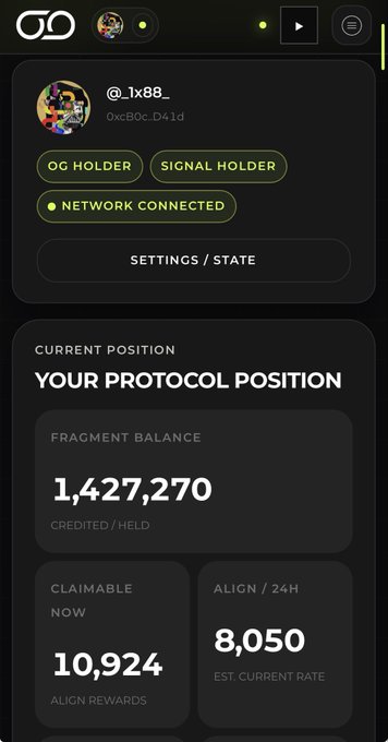 A dark-themed mobile app dashboard labeled 'OG' showing a user profile '@_1x88_', tags 'OG HOLDER' and 'SIGNAL HOLDER', and 'YOUR PROTOCOL POSITION' with a fragment balance of 1,427,270 and claimable rewards of 10,924.