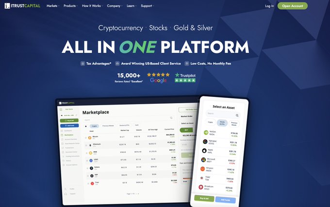 Screenshot of the iTrustCapital website homepage advertising an "All In One Platform" for Cryptocurrency, Stocks, Gold & Silver, displaying a marketplace interface on desktop and mobile.