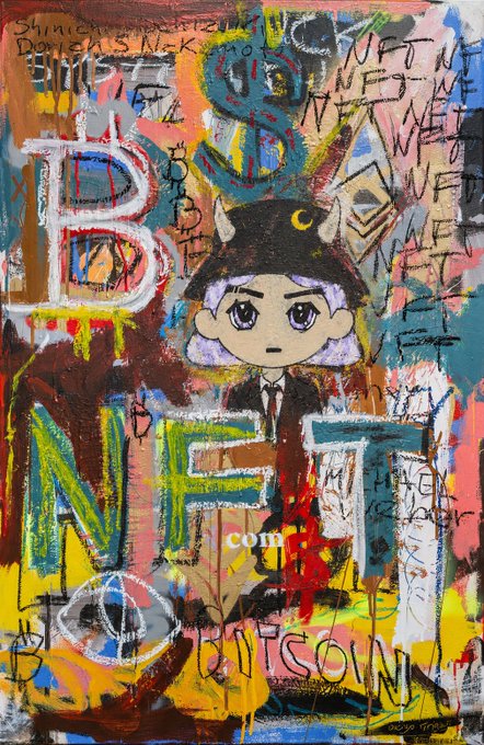 A colorful graffiti-style artwork featuring a chibi character in a witch hat, with the word 'BITCOIN' written at the bottom and various crypto-related text scribbles.