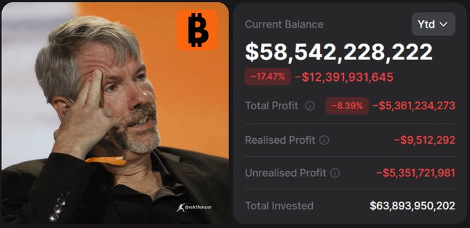 The image features a man with gray hair wearing glasses, sitting down and looking at his phone screen. The text displayed on the screen reads "Just In: INSIDERS SAY strategy may be forced to sell off part of its $BTC HOLDINGS AT A LOSS TO REMAIN SOLVENT." This message suggests that there might be a market event or situation that could potentially force the person holding Bitcoin to sell some of their holdings.

The man's position and posture indicate that he is actively engaged with his phone, possibly checking news updates or following cryptocurrency trends. The image captures this moment in time as the man looks at his phone screen while sitting down.