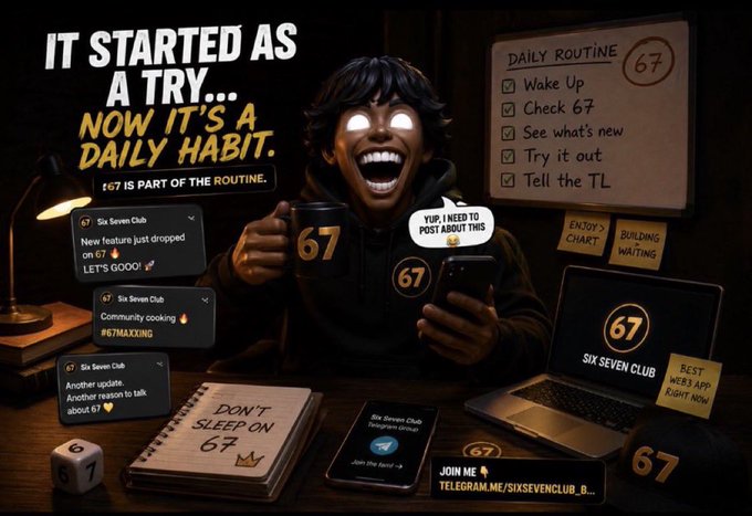 An internet meme/graphic for 'Six Seven Club' and '67' featuring a person with glowing white eyes laughing excitedly while holding a '67' mug, surrounded by screenshots of community posts, a checklist, and Telegram links.