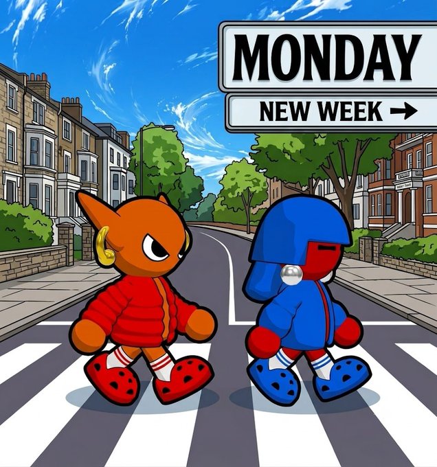 A cartoon-style illustration shows two characters crossing a zebra crossing on a street, with a sign in the upper right reading 'MONDAY NEW WEEK →'. One character is orange with a red jacket and the other wears blue clothing with a helmet.
