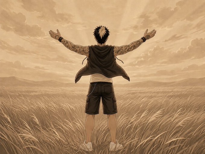 An anime-style illustration of a tattooed man standing in a wheat field with arms outstretched toward a cloudy sky.